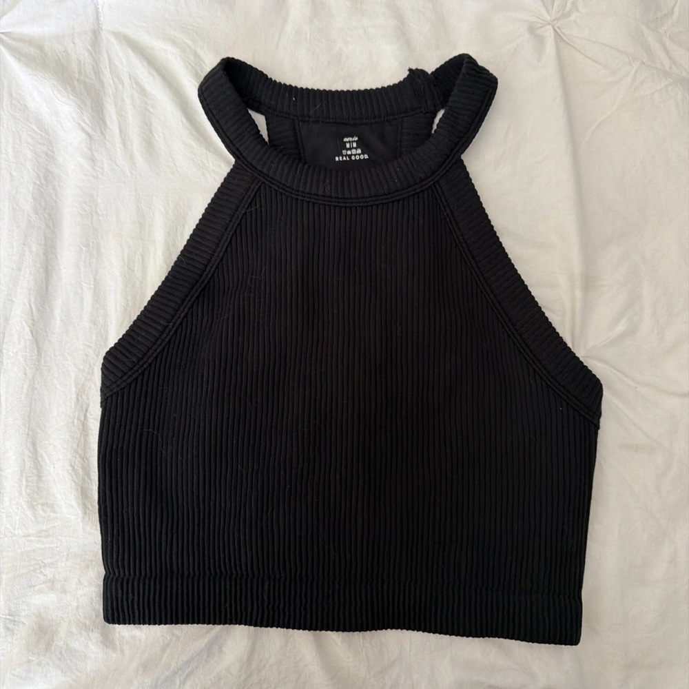 aerie Real Good Black Ribbed Halter Crop Tank - Size Medium